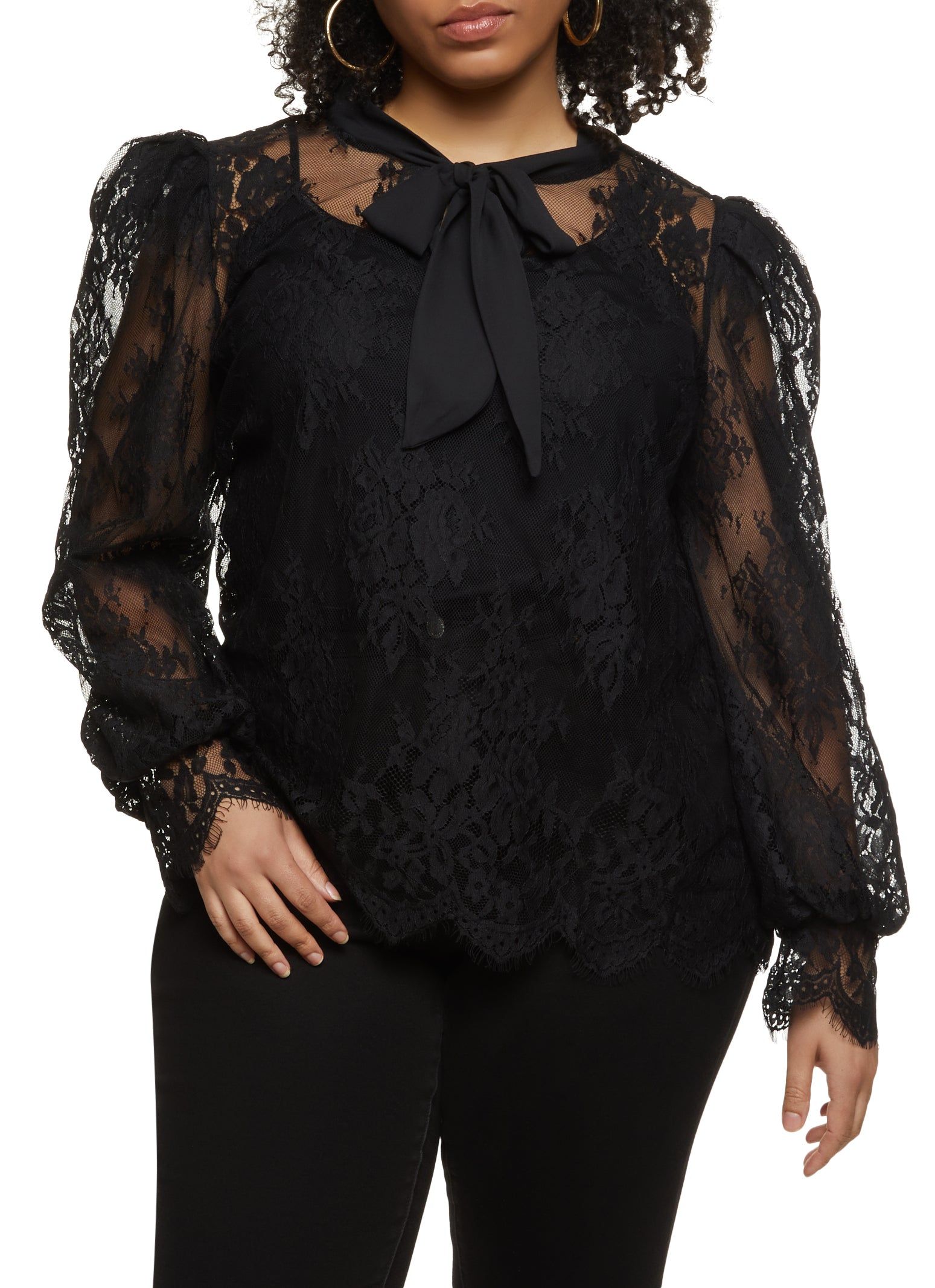 Plus Size Lace Tie Neck Long Puff Sleeve Top sold by Rainbow