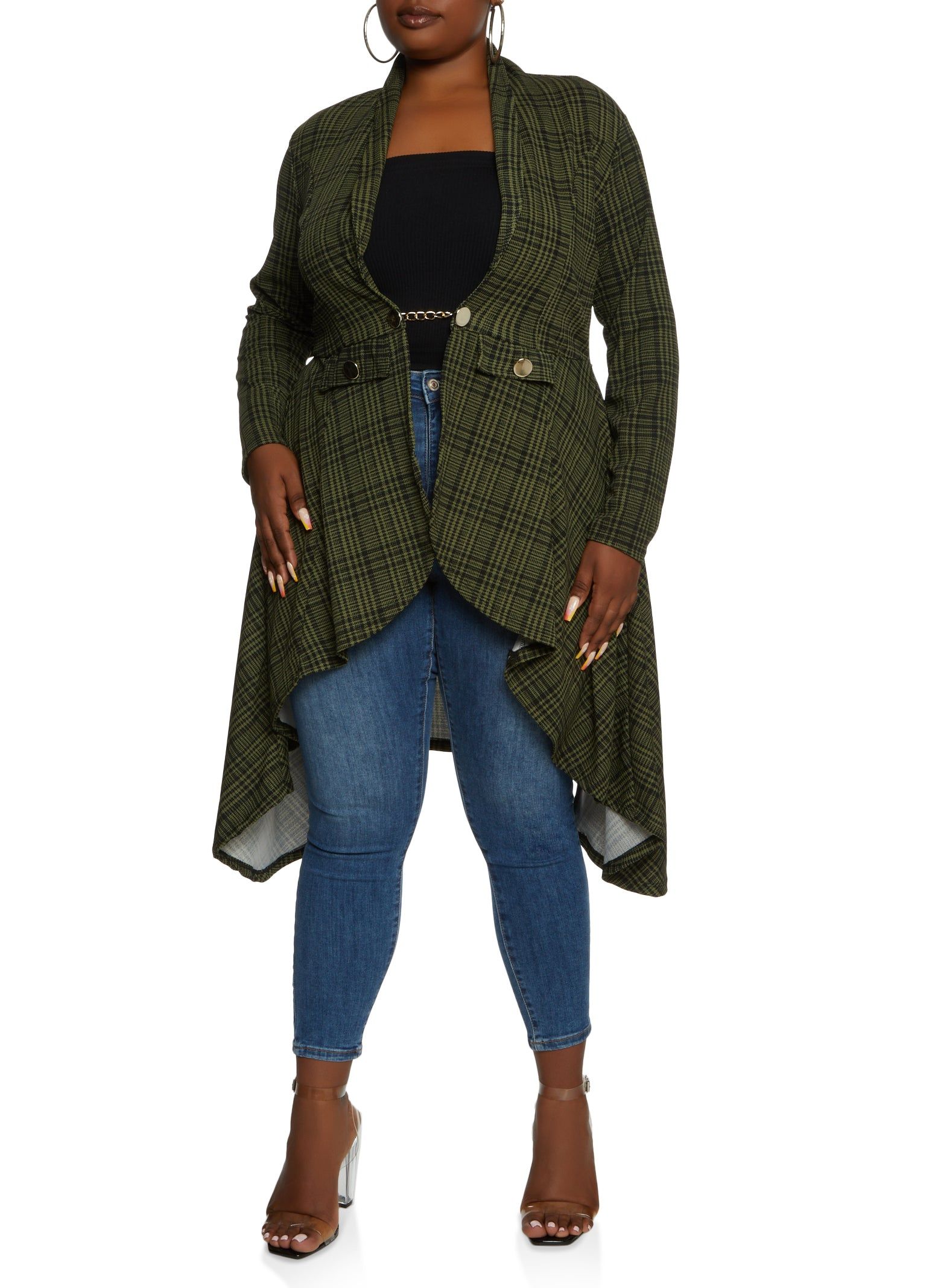 Plus Size Plaid Chain Button High Low Blazer sold by Rainbow