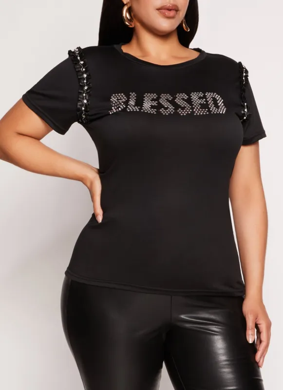 Plus Size Blessed Rhinestone Ribbon Trim Graphic Tee sold by Rainbow