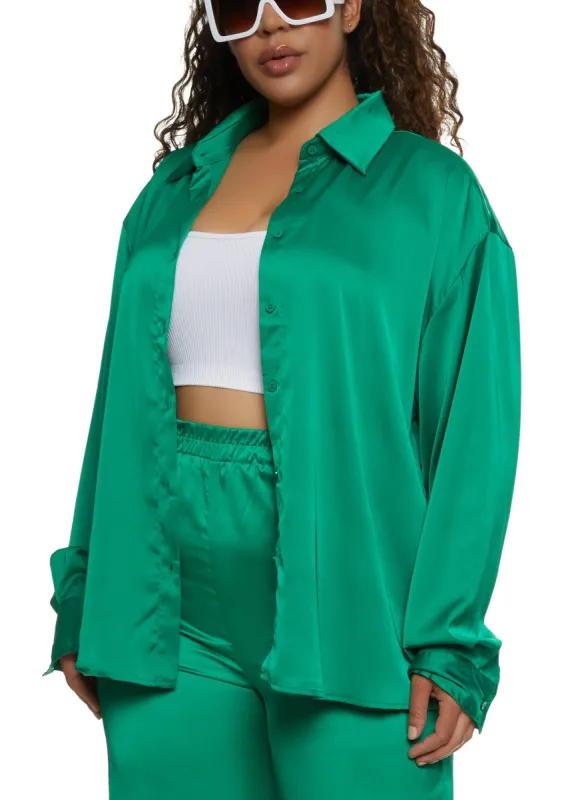 Plus Size Satin Solid Button Front Shirt sold by Rainbow