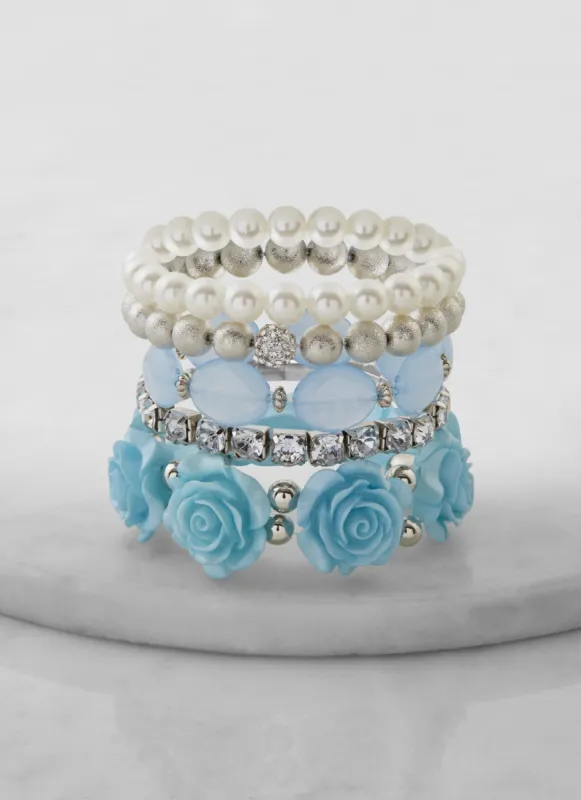 Rose Rhinestone Faux Pearl Beaded Stretch Bracelets 5 Pack sold by Rainbow