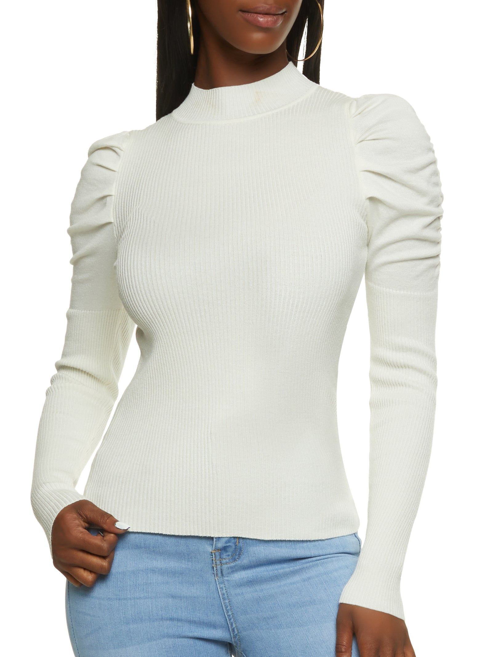 Long Puff Sleeve Mock Neck Sweater sold by Rainbow
