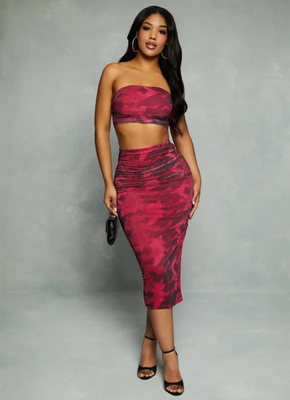 Almost Famous Printed Tube Top and Ruched Side Slit Midi Skirt sold by Rainbow