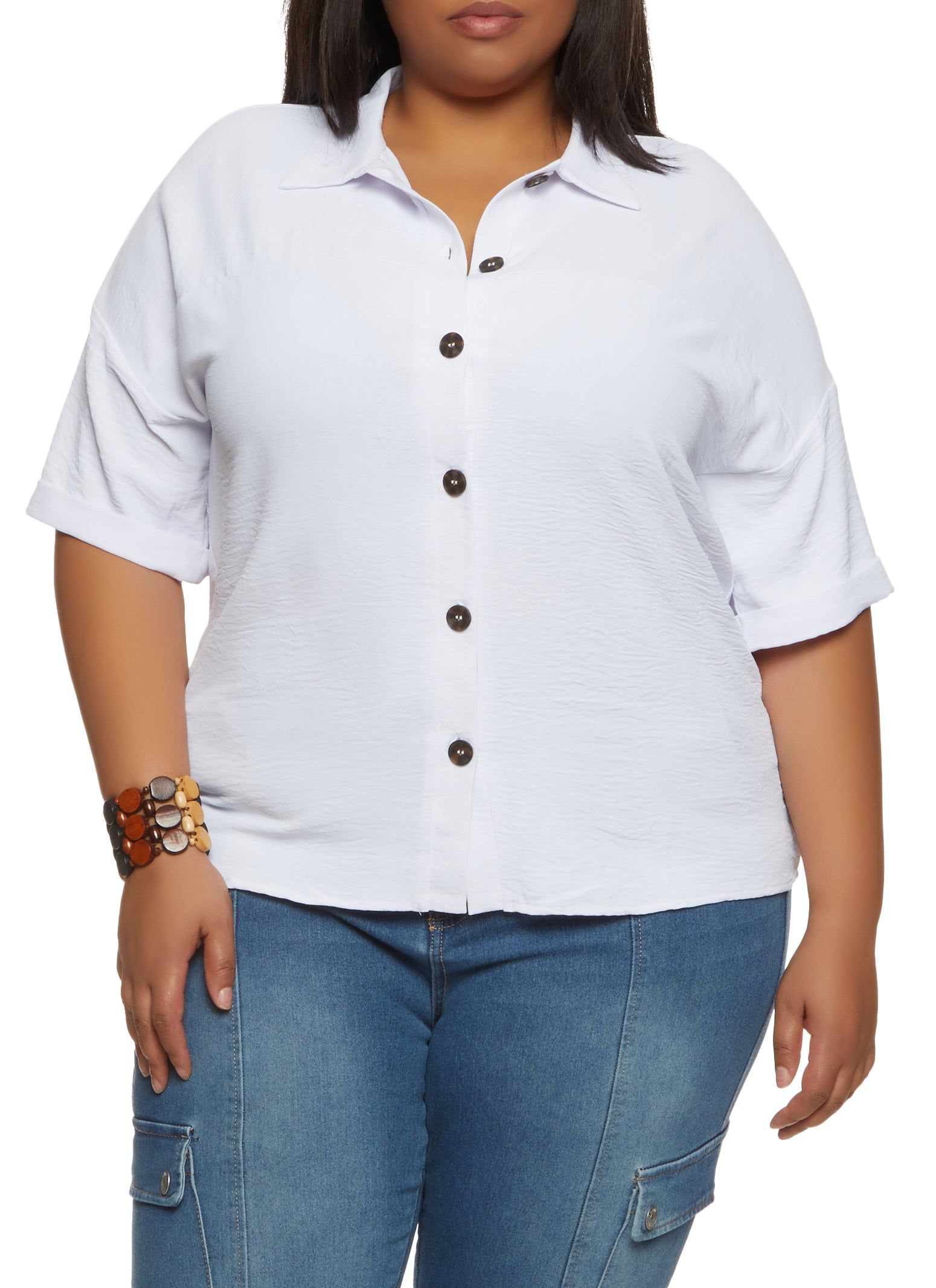 Plus Size Airy Short Sleeve Button Front Shirt sold by Rainbow