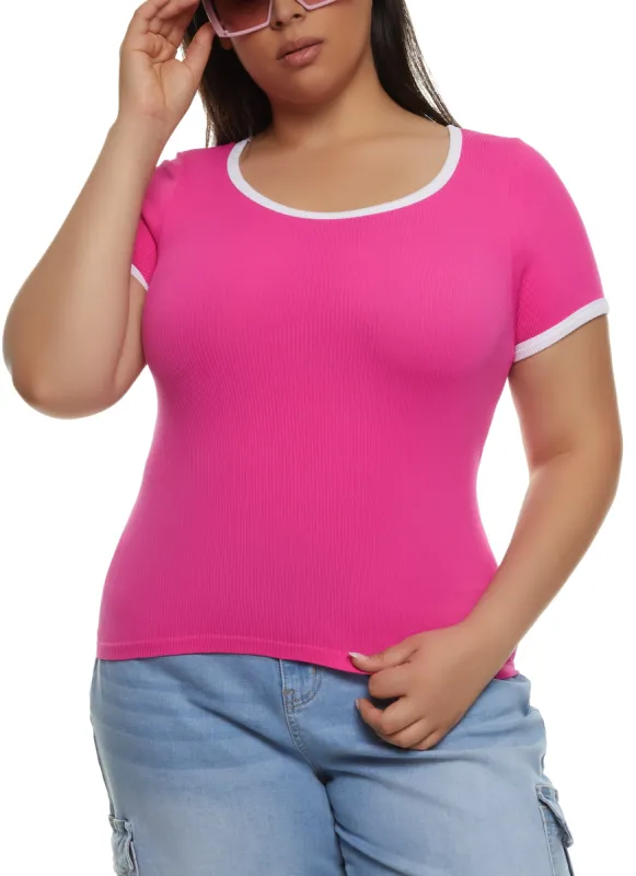 Plus Size Rib Knit Seamless Ringer Tee sold by Rainbow