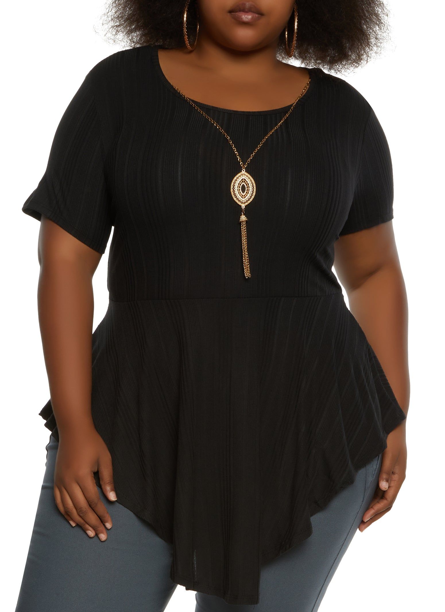 Plus Size Ribbed Hanky Hem Top with Necklace sold by Rainbow