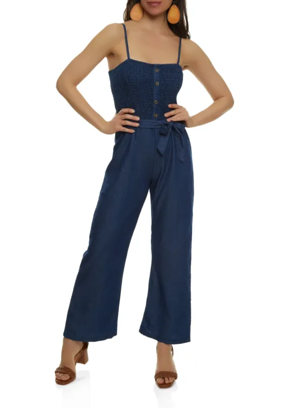 Denim Smocked Button Front Cami Jumpsuit sold by Rainbow