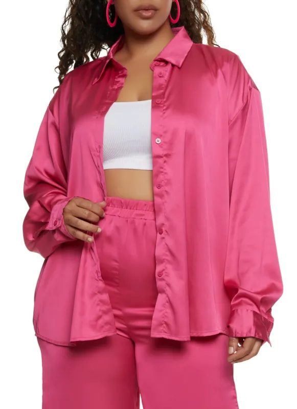 Plus Size Satin Solid Button Front Shirt sold by Rainbow