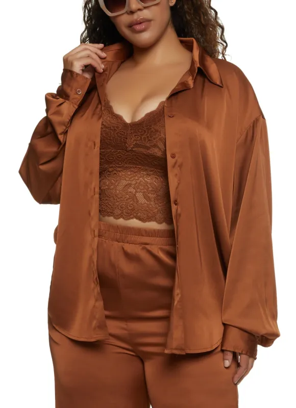 Plus Size Satin Solid Button Front Shirt sold by Rainbow