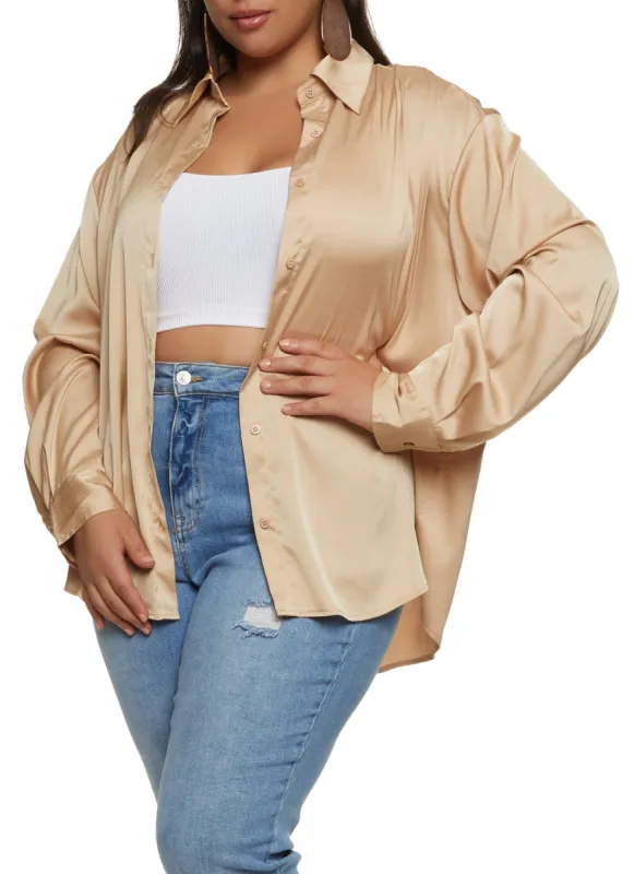 Plus Size Satin Solid Button Front Shirt sold by Rainbow