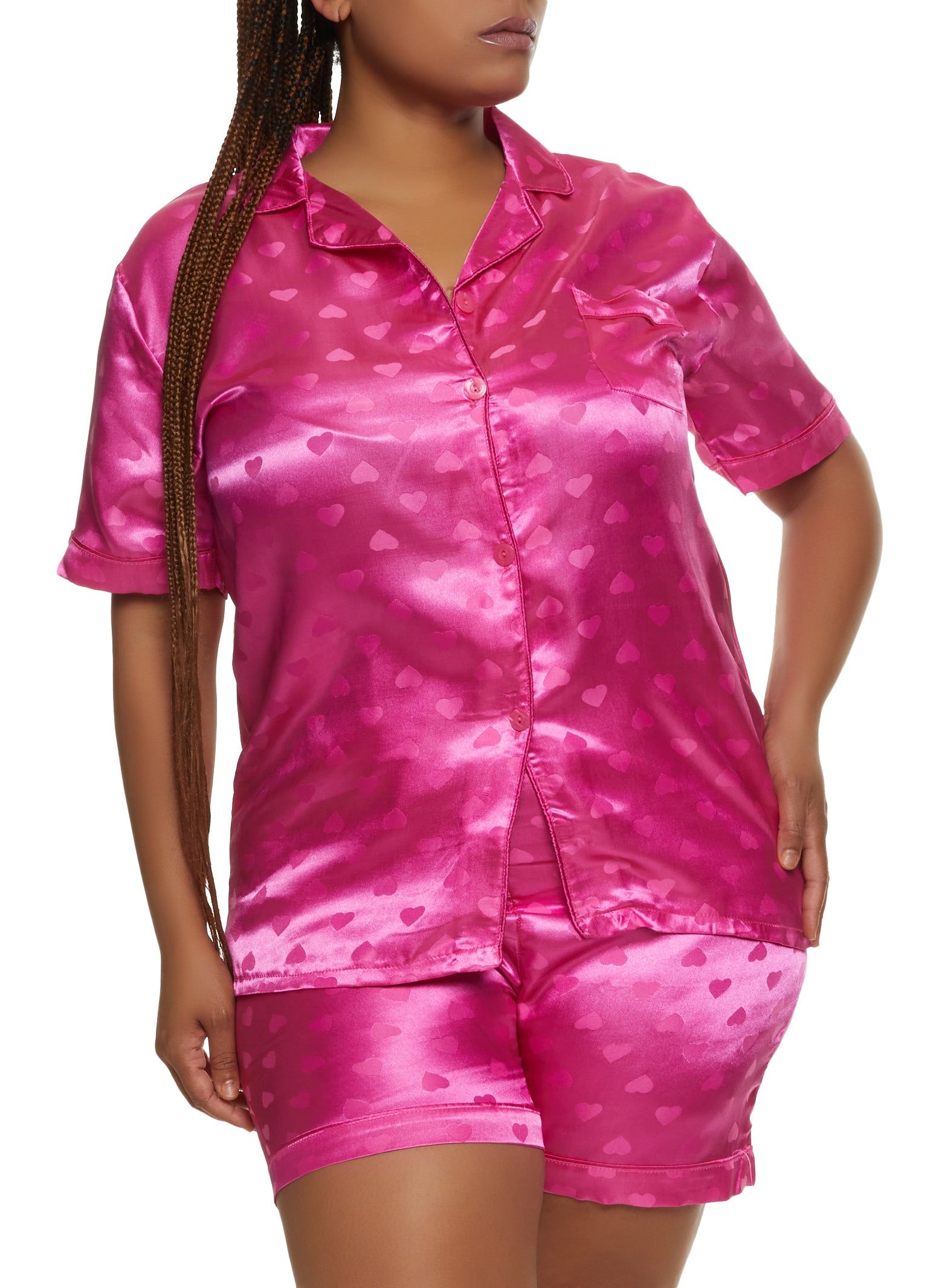 Plus Size Satin Heart Print Notch Collar Pajama Shirt and Shorts sold by Rainbow