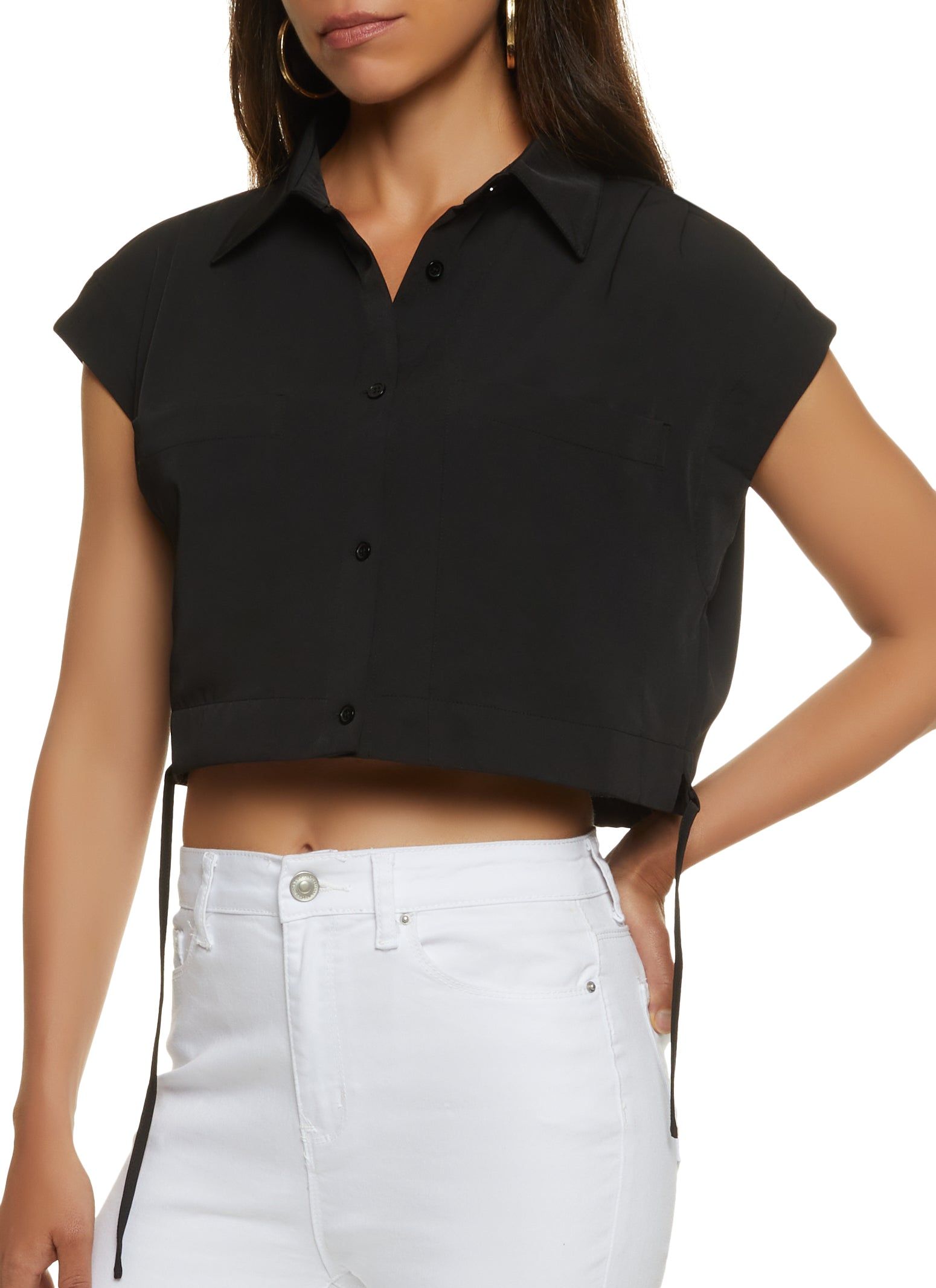 Drawstring Waist Button Front Cropped Shirt sold by Rainbow