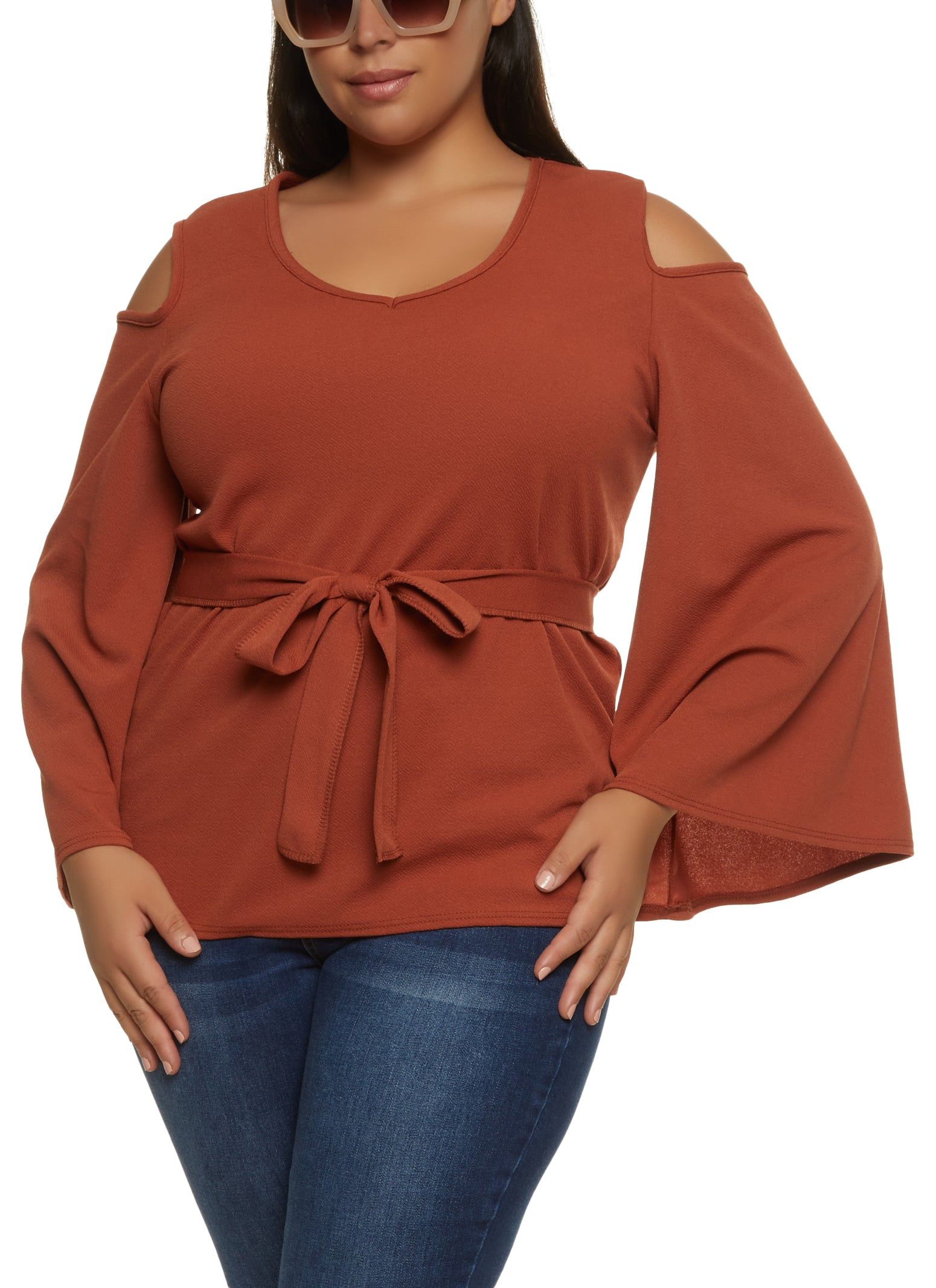 Plus Size Tie Waist Belted Cold Shoulder Blouse sold by Rainbow