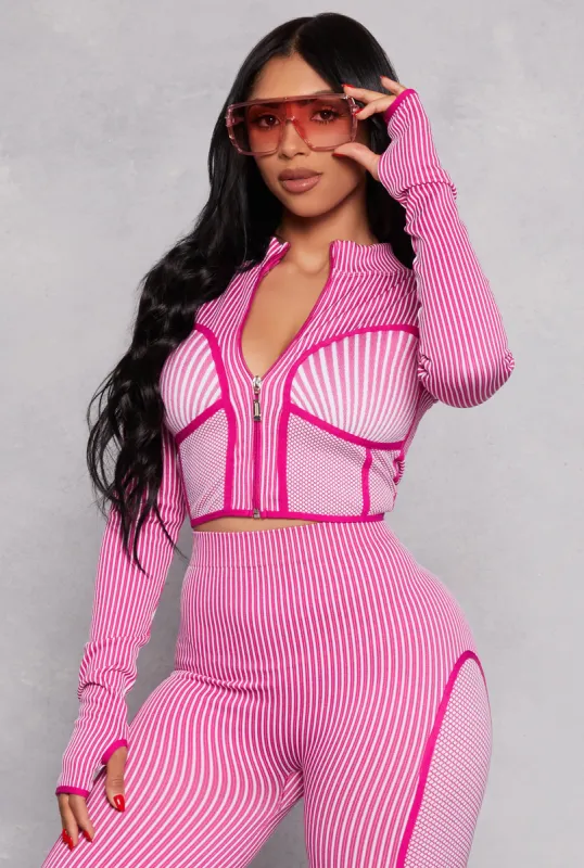 Seamless Rib Knit Striped Zip Front Track Jacket sold by Rainbow