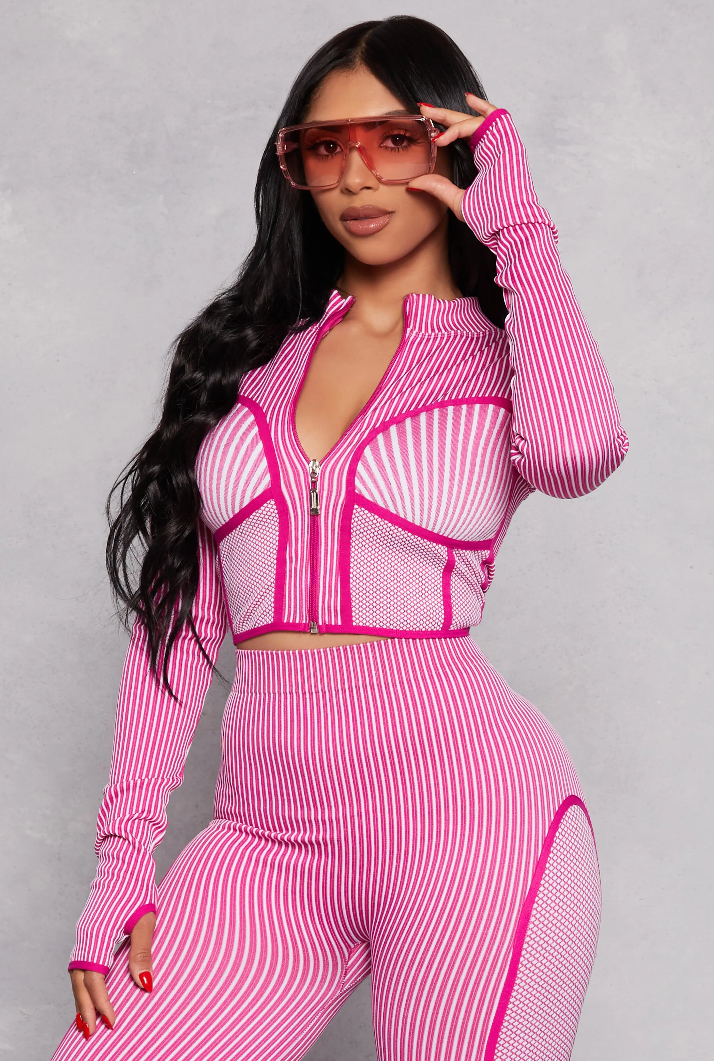 Seamless Rib Knit Striped Zip Front Track Jacket sold by Rainbow