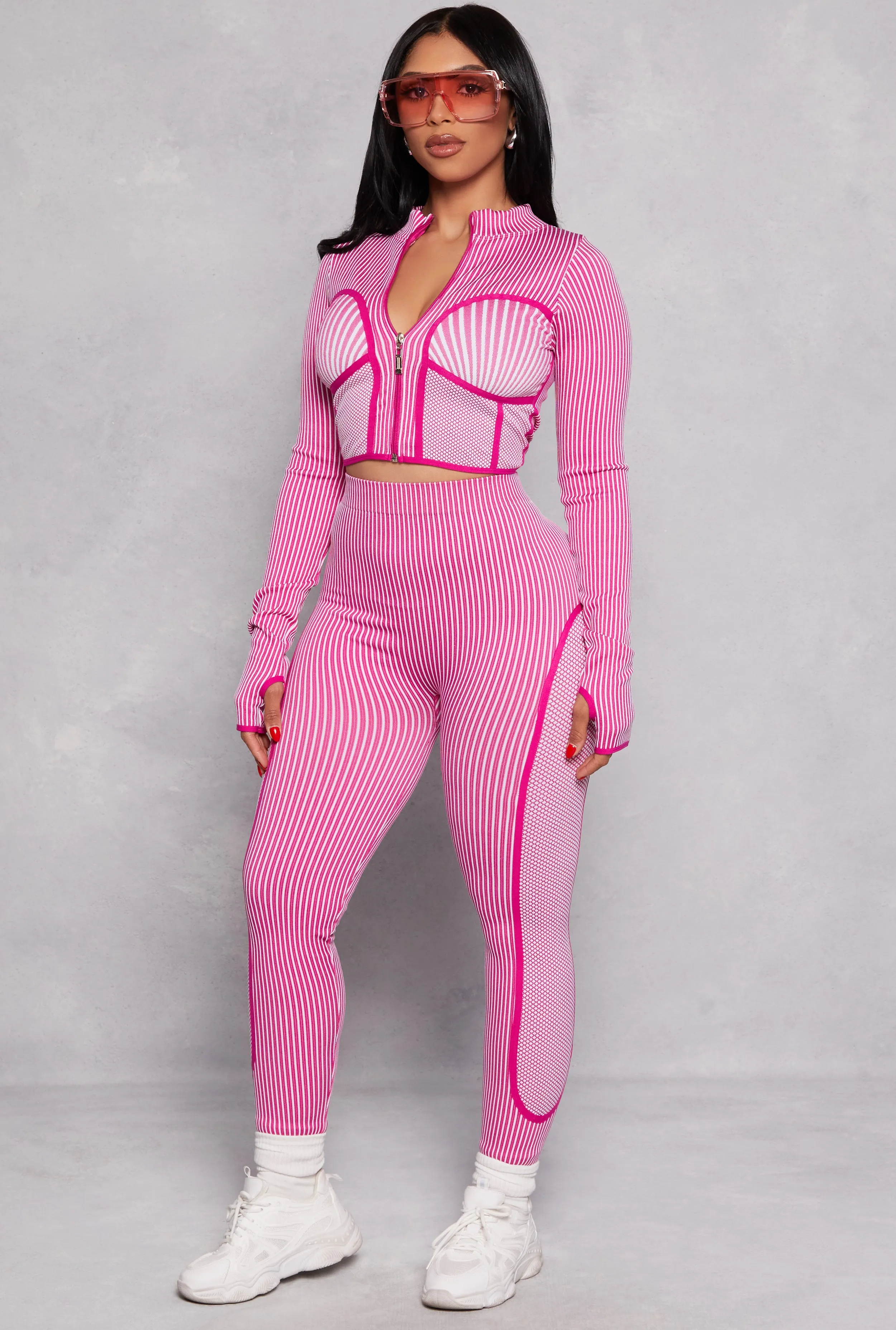 Seamless Rib Knit Striped Zip Front Track Jacket sold by Rainbow product image thumbnail 2