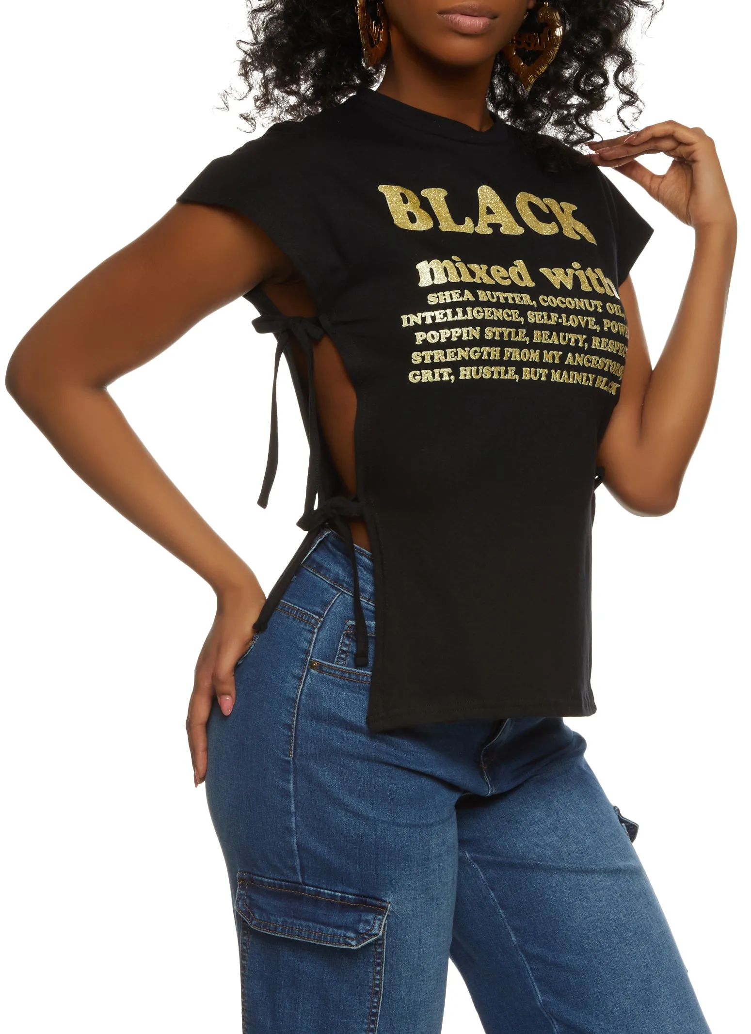 Black Mixed With Glitter Graphic Top sold by Rainbow