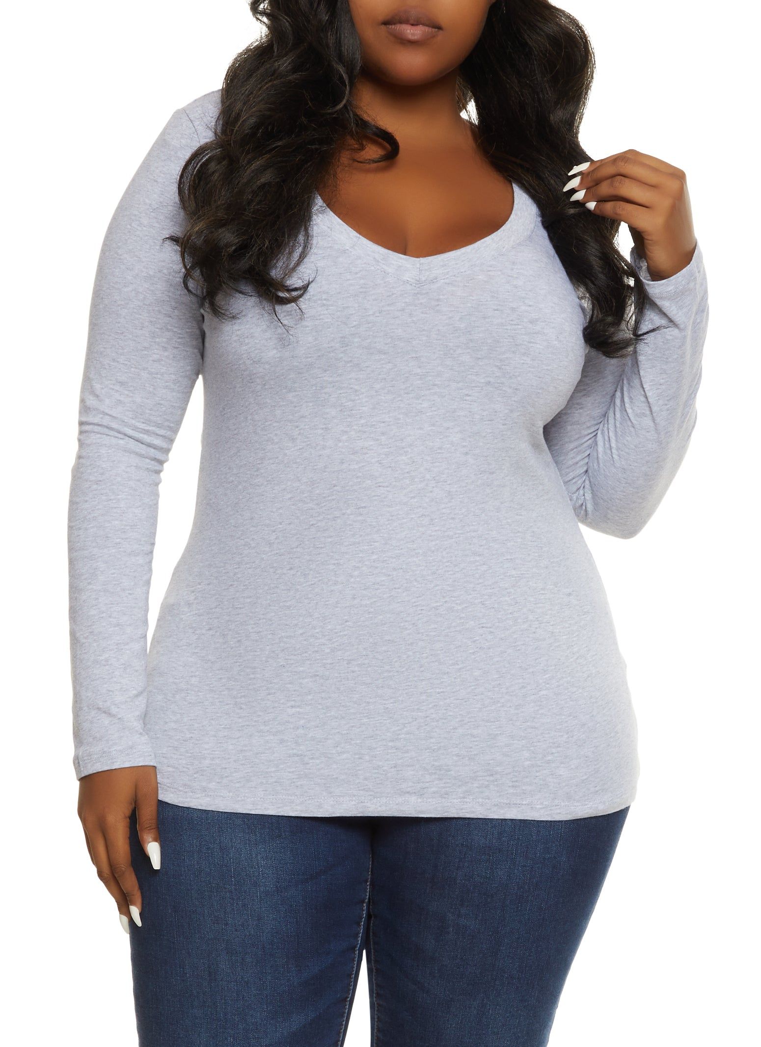 Plus Size V Neck Long Sleeve Solid Top sold by Rainbow