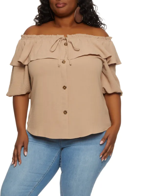 Plus Size Faux Button Front Off the Shoulder Top sold by Rainbow