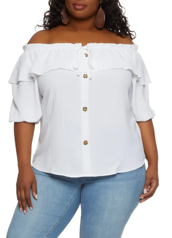 Plus Size Faux Button Front Off the Shoulder Top sold by Rainbow