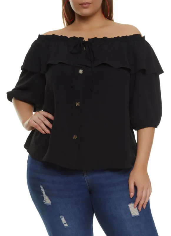 Plus Size Faux Button Front Off the Shoulder Top sold by Rainbow