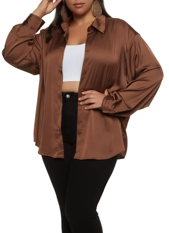 Plus Size Satin Solid Button Front Shirt sold by Rainbow