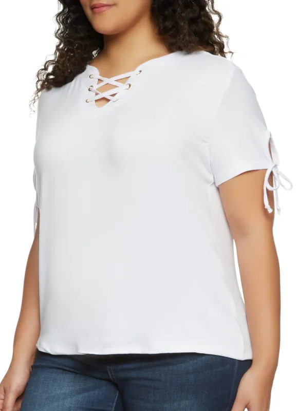 Plus Size Tie Sleeve Lace Up Tee sold by Rainbow