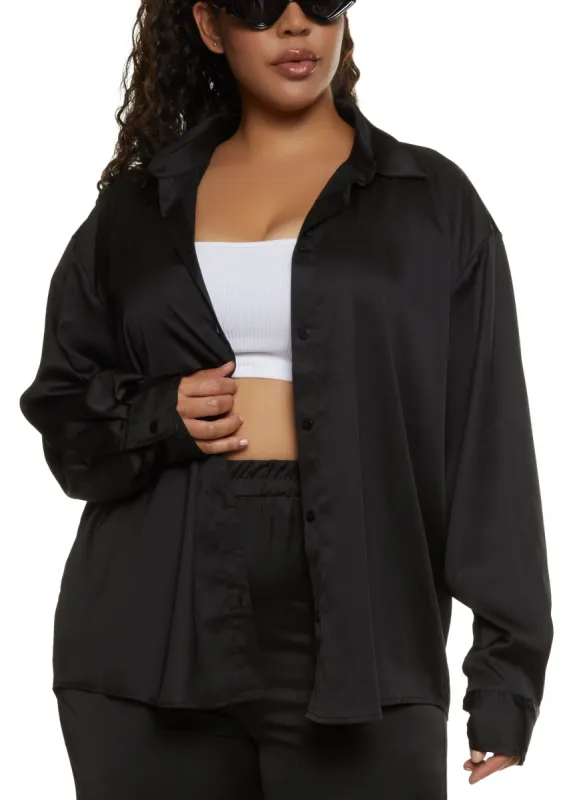 Plus Size Satin Solid Button Front Shirt sold by Rainbow