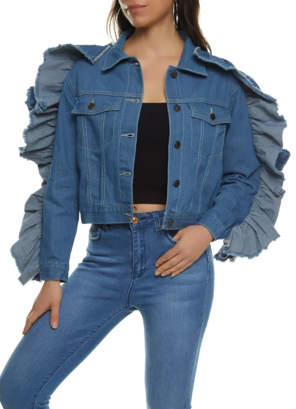 Medium Wash Ruffle Sleeve Denim Jacket sold by Rainbow