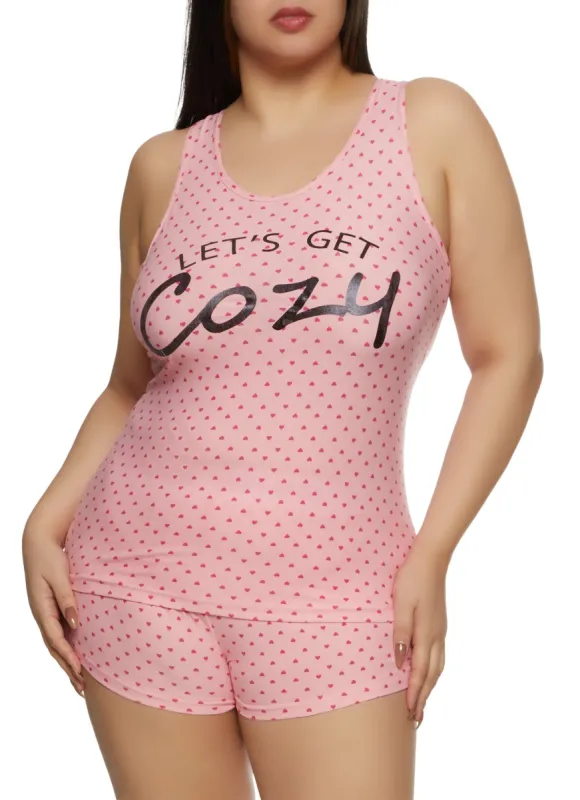 Plus Size Lets Get Cozy Racerback Pajama Tank Top and Shorts sold by Rainbow