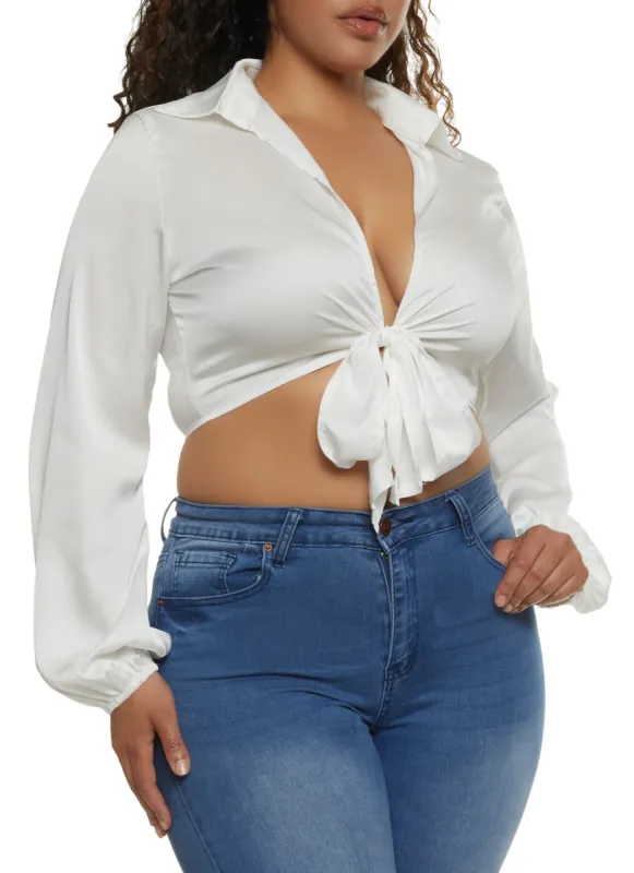 Plus Size Balloon Sleeve Tie Front Crop Top sold by Rainbow