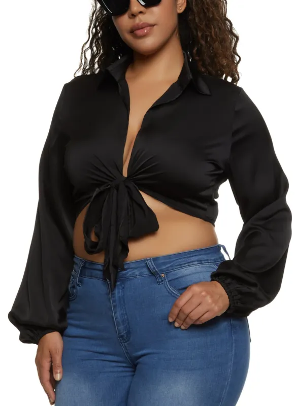 Plus Size Balloon Sleeve Tie Front Crop Top sold by Rainbow