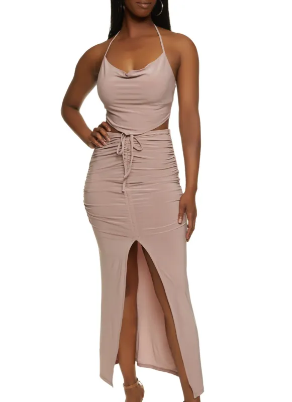 Cowl Neck Halter Crop Top and Skirt Set sold by Rainbow