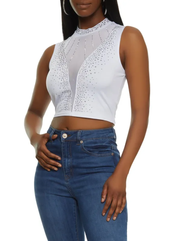 Mesh Detail Rhinestone Studded Crop Top sold by Rainbow