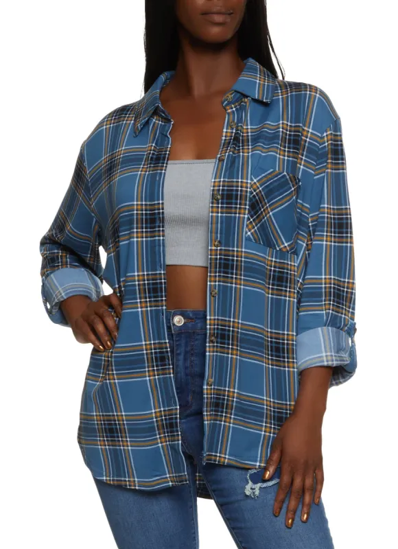 Plaid Tabbed Sleeve Button Down Shirt sold by Rainbow