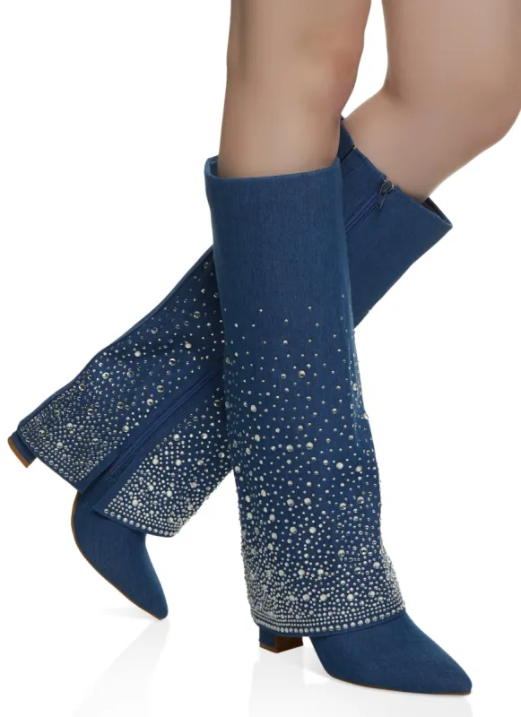 Rhinestone Studded Fold Over Tall Boots sold by Rainbow