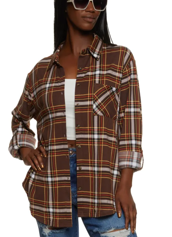Plaid Tabbed Sleeve Button Down Shirt sold by Rainbow