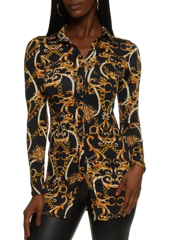 Status Print Long Sleeve Button Down Shirt sold by Rainbow