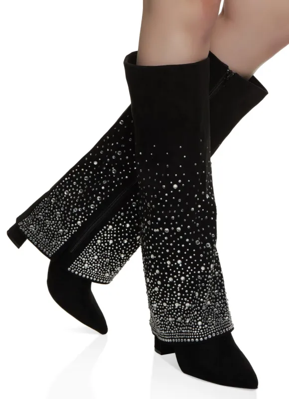 Rhinestone Studded Fold Over Tall Boots sold by Rainbow