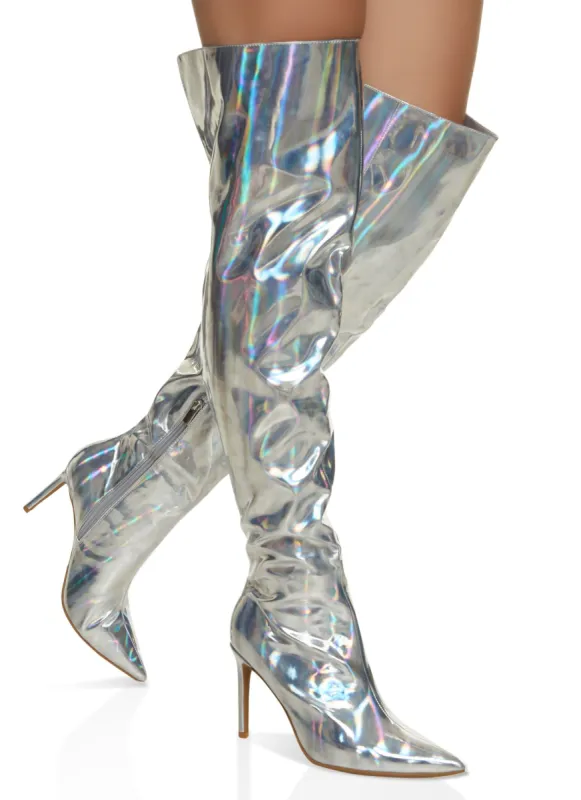 Pointed Toe Iridescent Over the Knee Boots sold by Rainbow