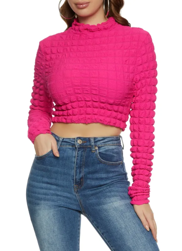 Bubble Knit Mock Neck Long Sleeve Crop Top sold by Rainbow