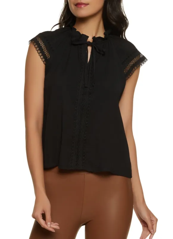 Linen Crochet Trim Tie Neck Blouse sold by Rainbow