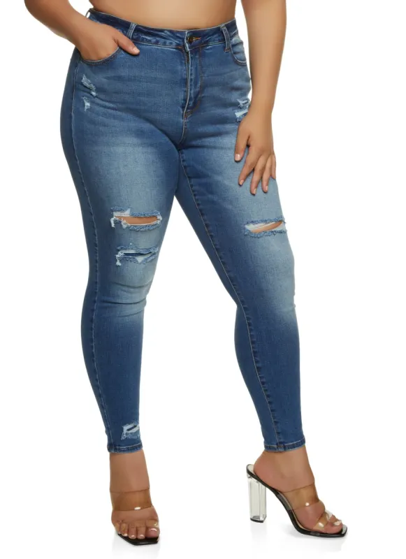 Plus Size WAX Distressed High Waist Skinny Jeans sold by Rainbow