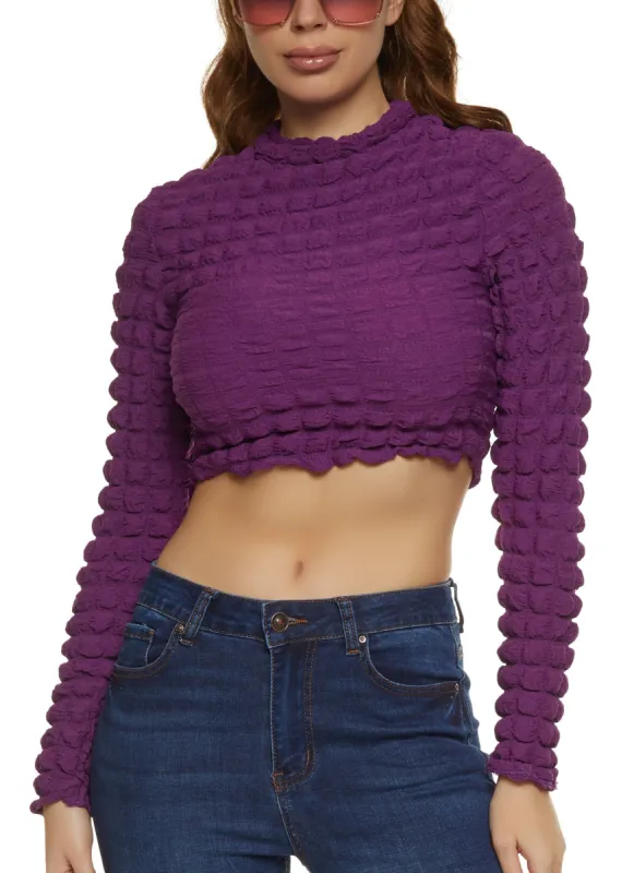 Bubble Knit Mock Neck Long Sleeve Crop Top sold by Rainbow
