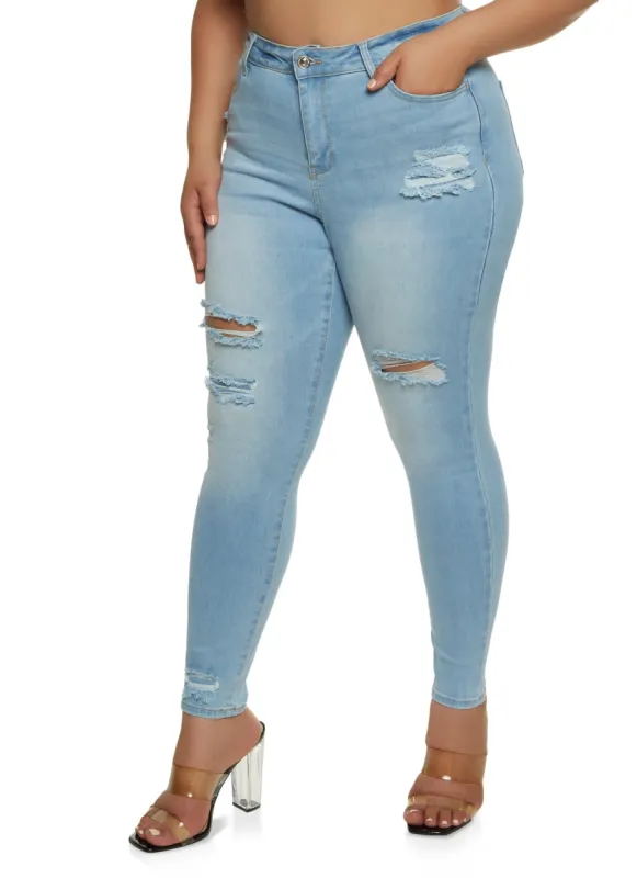 Plus Size WAX Distressed High Waist Skinny Jeans sold by Rainbow
