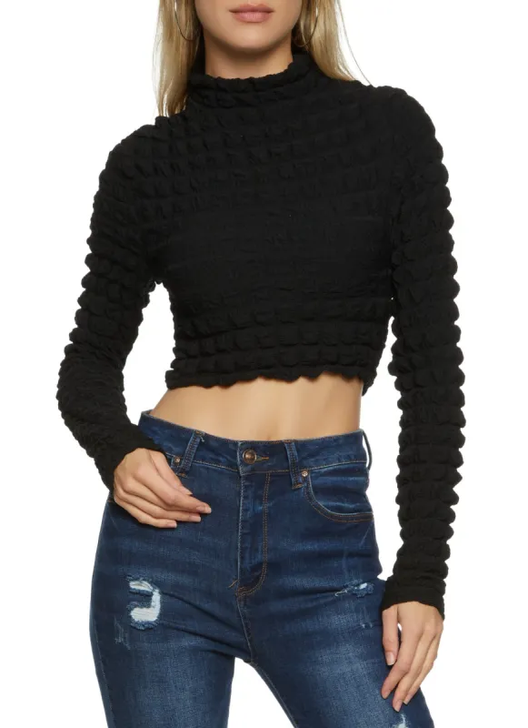 Bubble Knit Mock Neck Long Sleeve Crop Top sold by Rainbow