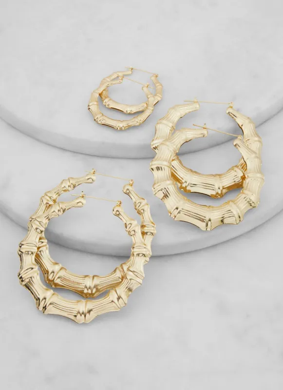Metallic Bamboo Hoop Earrings Trio sold by Rainbow