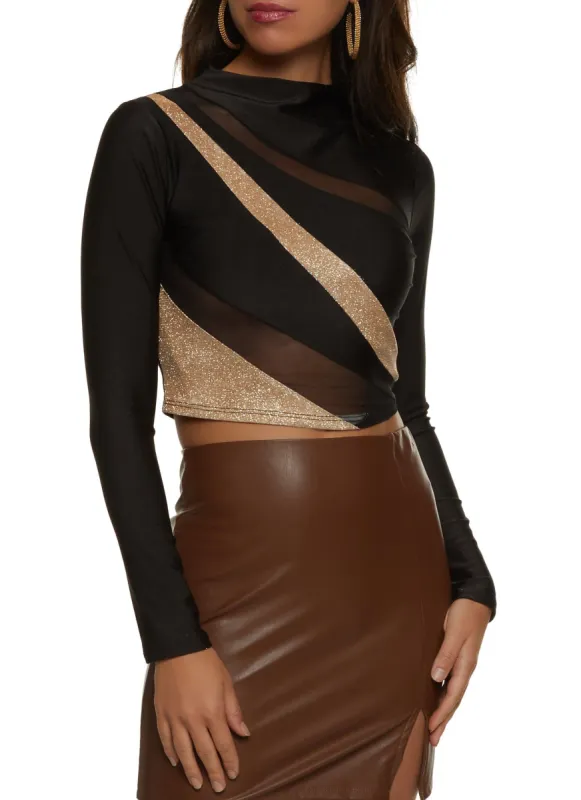 Glitter Mesh Insert Long Sleeve Crop Top sold by Rainbow