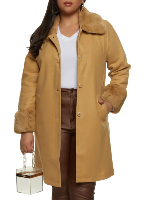 Plus Size Faux Fur Trim Trench Coat sold by Rainbow