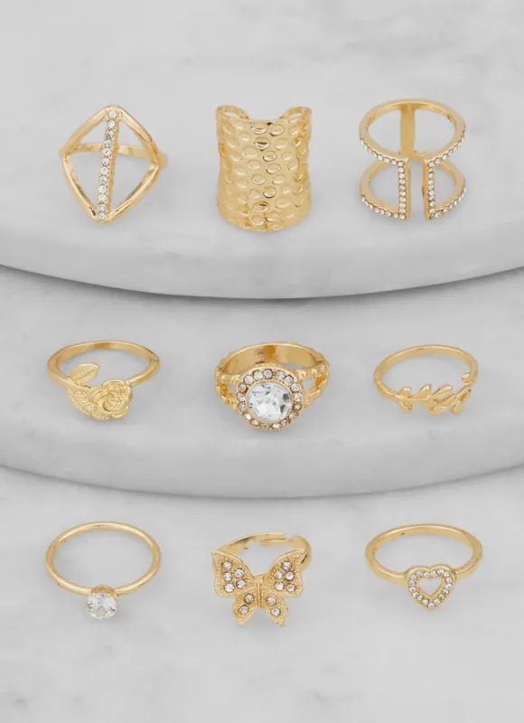 Metallic Cubic Zirconia Shaped Rings Set of 9 sold by Rainbow